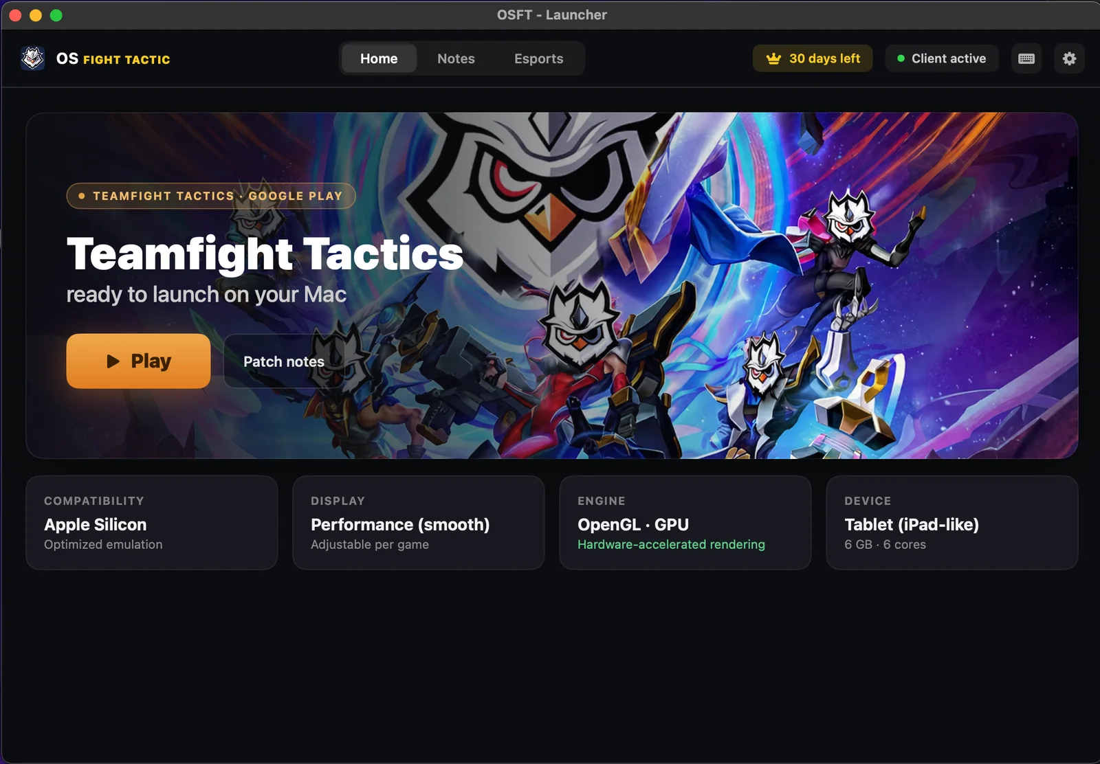 Le launcher OSFT avec Teamfight Tactics prêt à être lancé