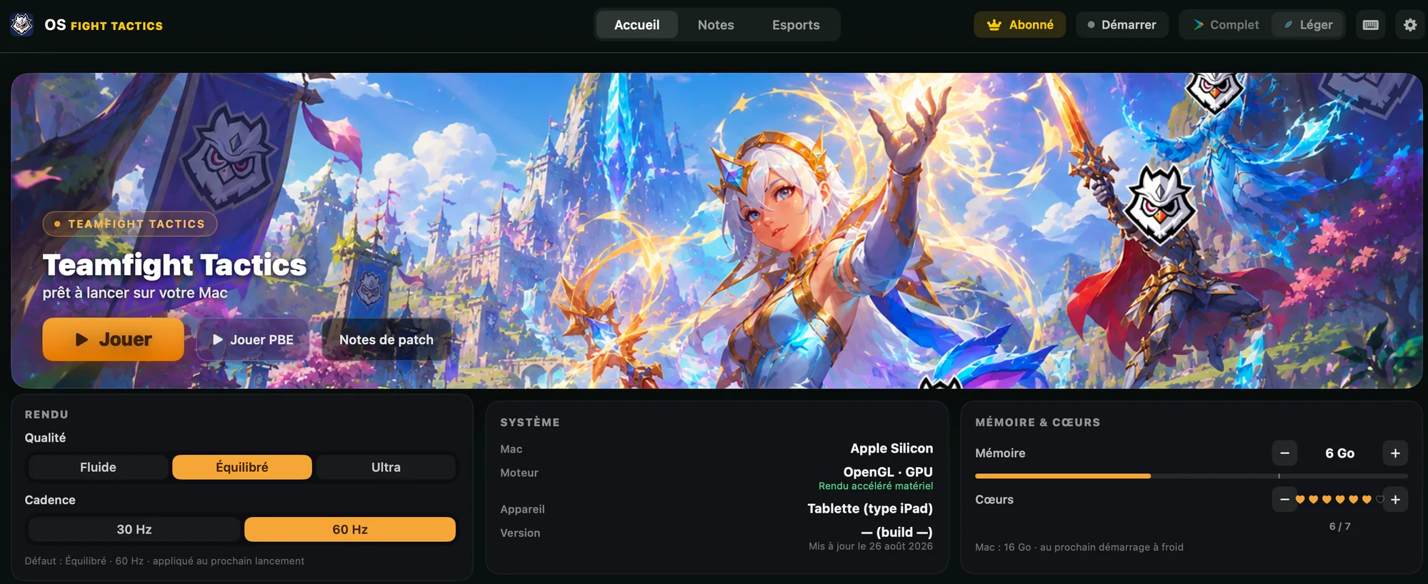 Le launcher OSFT avec Teamfight Tactics prêt à être lancé