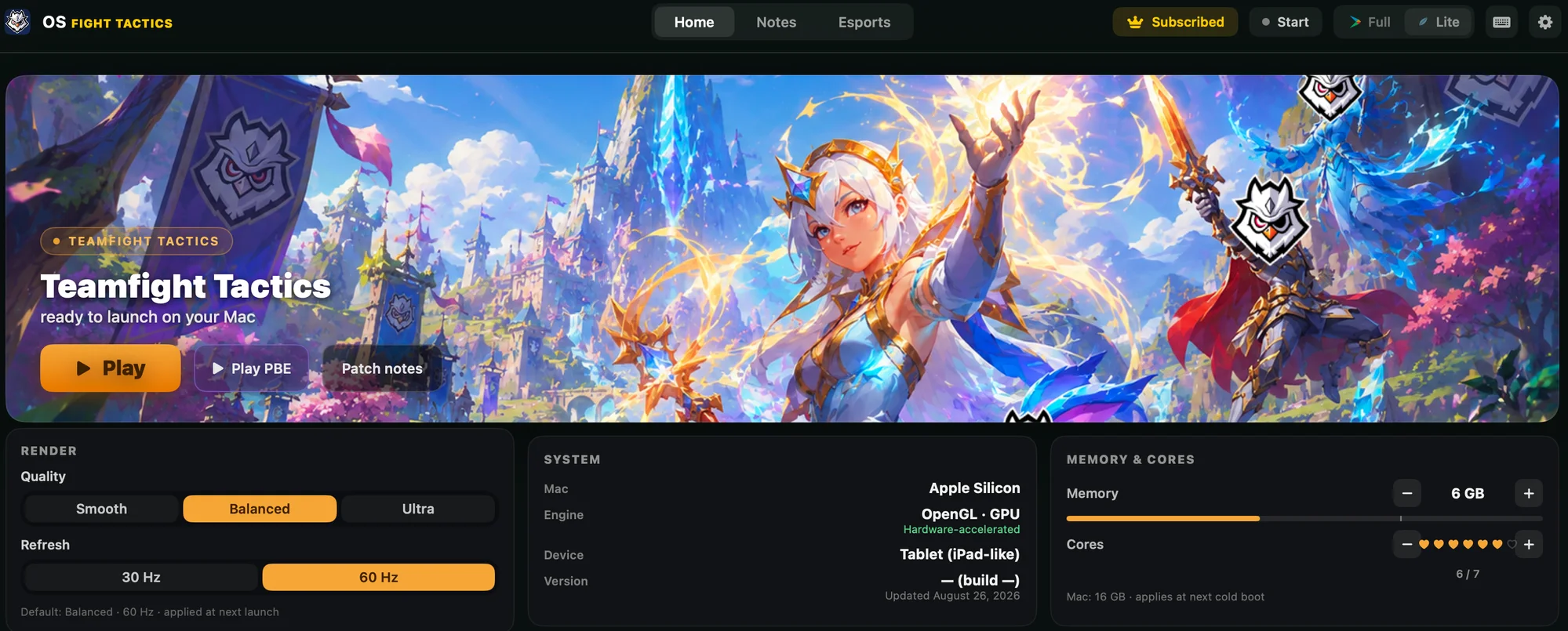 El launcher OSFT con Teamfight Tactics listo para iniciarse
