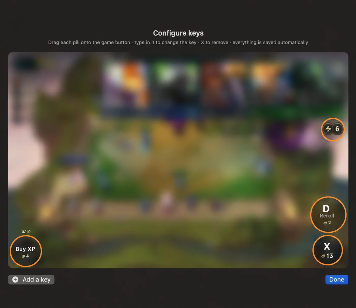 The OSFT key editor: key pills dragged onto the buttons of a real TFT match